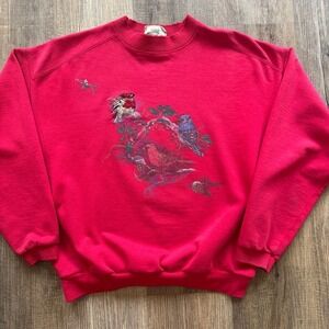VTG Northern Reflections Bird Floral Nature Cottage Crewneck Sweater‎ Red